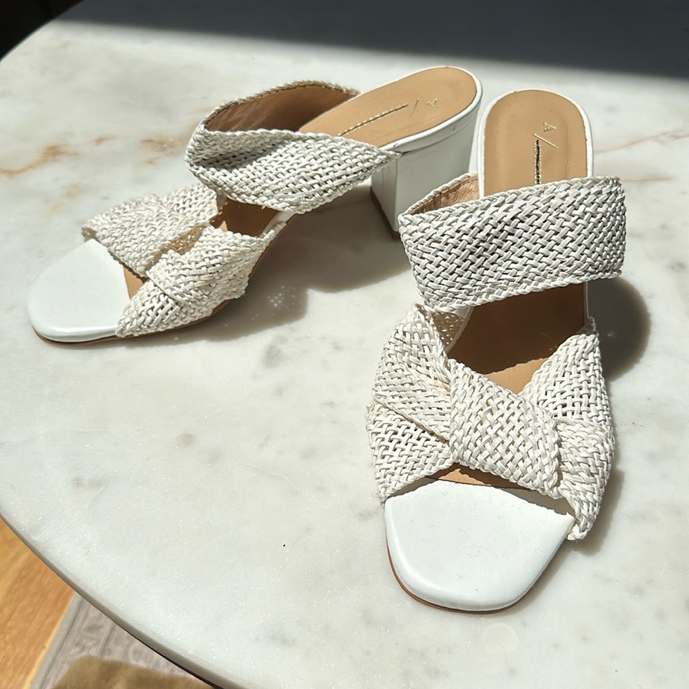 Anthropologie white heeled slip on sandals, new without box